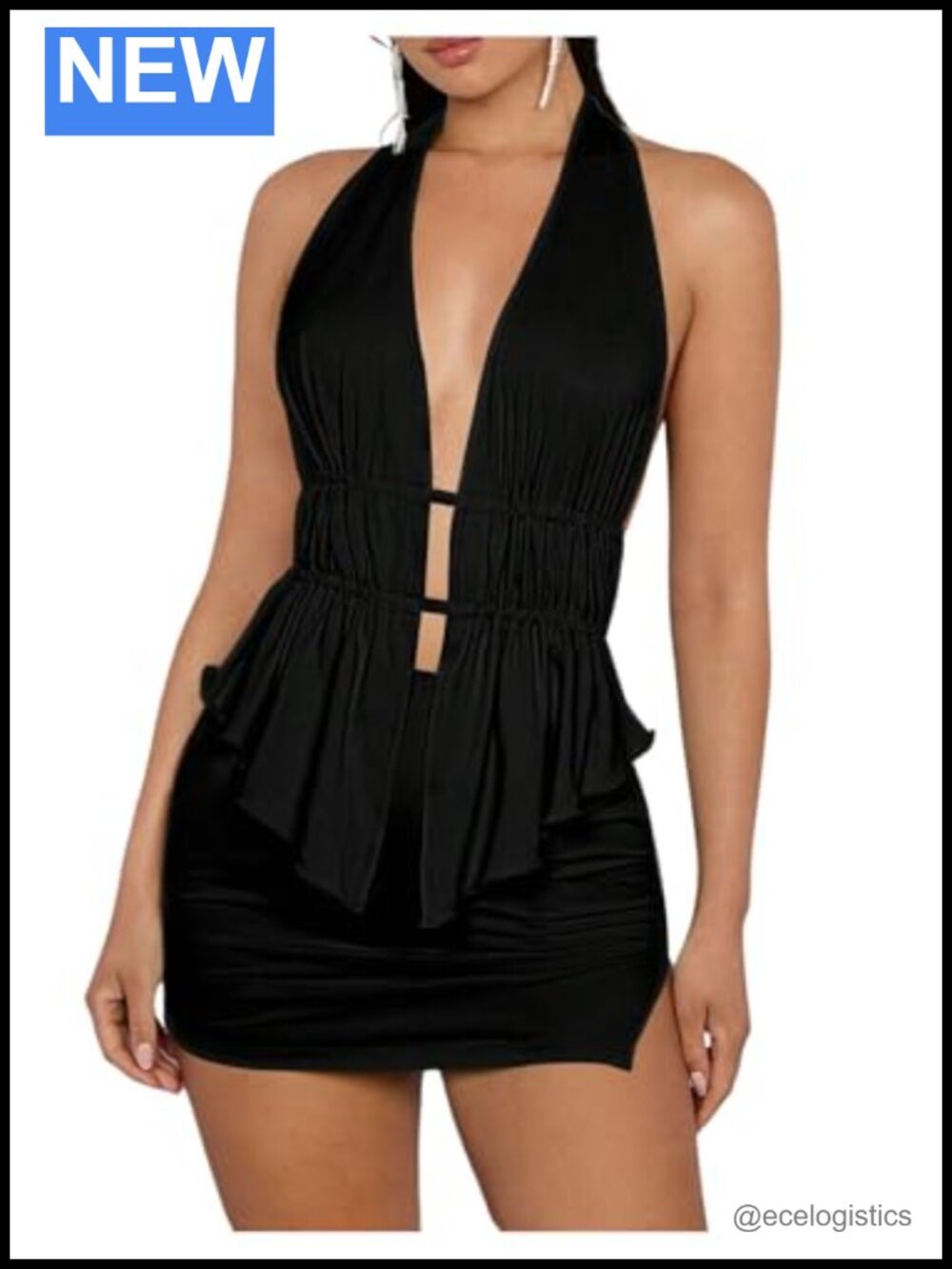 2 Piece Y2K Deep V Ruffle Halter Top Bodycon Mini Skirt Set Backless Going Out